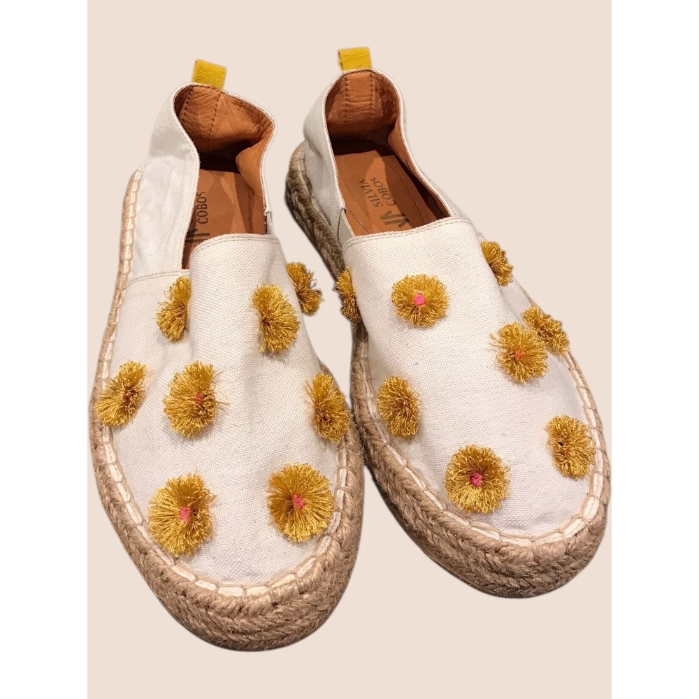 Silvia Cobos White Canvas Espadrille Flats Yellow Flower‎ Embellished Size 11
